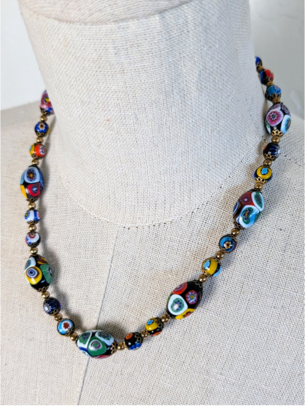 Vintage Millefiori Art Glass Bead Necklace Venetian Murano Style Floral Mosaic